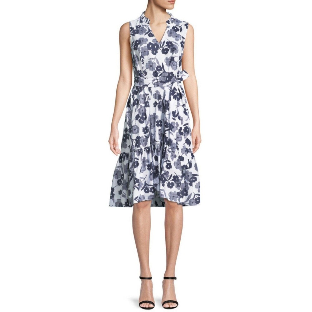 Kate Spade Womens Dress Shadows Poplin Midi Navy Blue White Floral Flounce XL